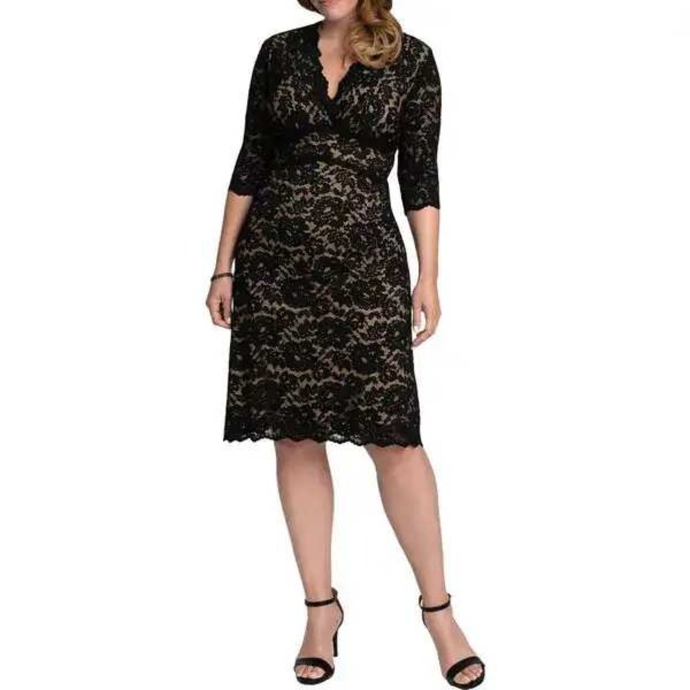 Kiyonna Scalloped Lace Sheath Dress Black Nude Plus Size V-Neck 3/4 Sleeve- OX
